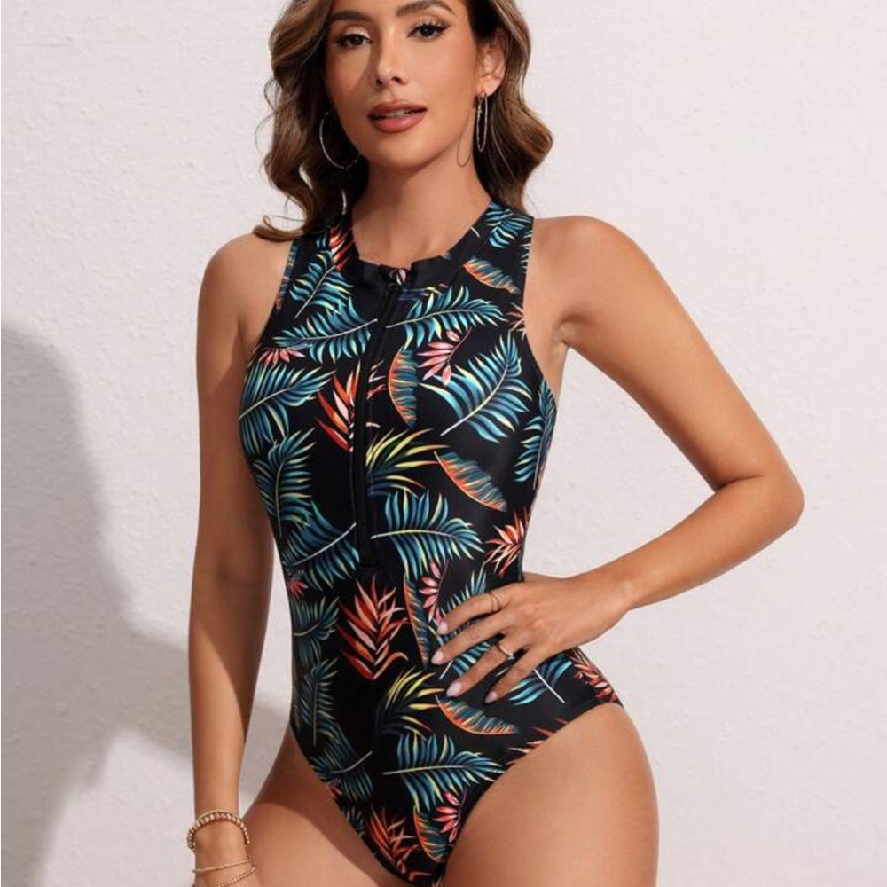 Sz S (4)SHEIN swim Lushoire sleeveless one piece leaf print swimsuit stretchy